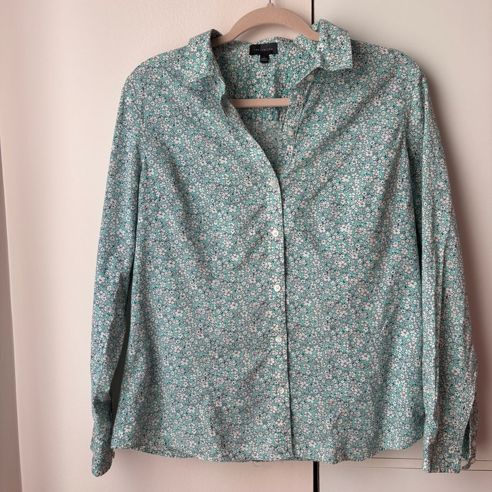 The Limited Teal Floral Button Down Blouse Large Long Sleeve Cottagecore